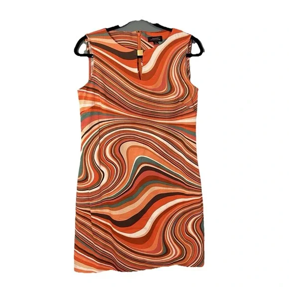TAHARI Women's 4 Shift Dress Orange Swirls Retro 60's Groovy Sleeveless - Picture 2 of 10